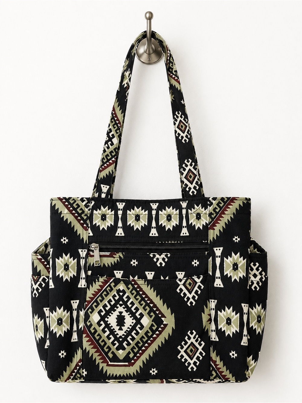 Aztec Boho Patterned Black & Olive Tote Bag